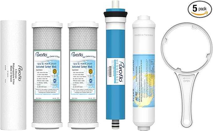 ERO 5 pc Reverse Osmosis Filters Yearly Set, 5 Stage Reverse Osmosis Water Filter, Under Sink RO Water Filtration System Kit, Compatible with Most 10" RO System, Water Filter Wrench Included