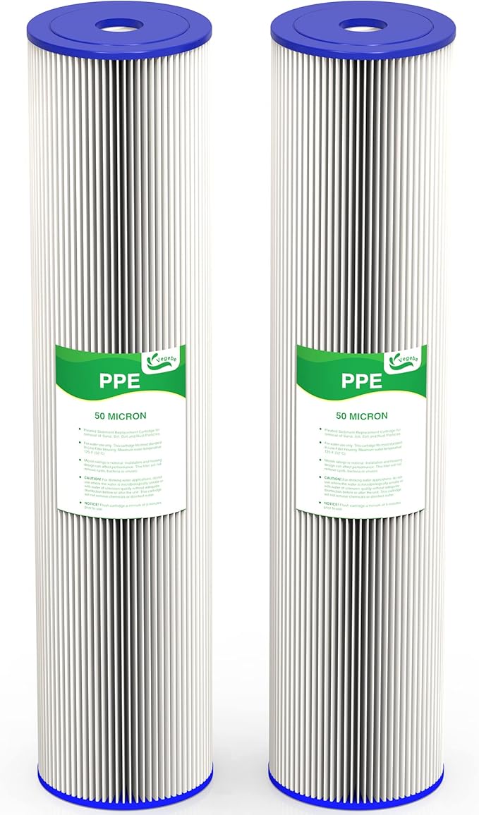 50 Micron 20-Inch Whole House Heavy Duty Water Filter Replacement Cartridge, Pleated Sediment Water Filters 4.5" x 20" for Well Water, Compatible with ECP5-20BB, R30-20BB, SPC-45-2050, 2 Pack