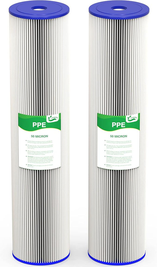 50 Micron 20-Inch Whole House Heavy Duty Water Filter Replacement Cartridge, Pleated Sediment Water Filters 4.5" x 20" for Well Water, Compatible with ECP5-20BB, R30-20BB, SPC-45-2050, 2 Pack