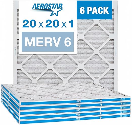 Aerostar 20x20x1 MERV 6 Pleated Air Filter, AC Furnace Air Filter, 6 Pack (Actual Size: 19 3/4" x 19 3/4" x 3/4")
