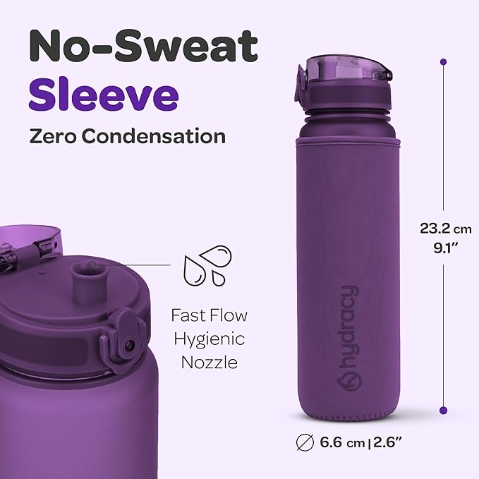Hydracy Water Bottle with Time Marker -Large BPA Free Water Bottle & No Sweat Sleeve -Leak Proof Gym Bottle with Fruit Infuser Strainer & Times to Drink -Ideal for Fitness Sports & Outdoors