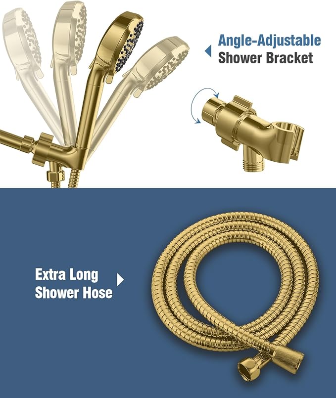 Filtered Shower Head with Handheld Gold, BOWGER 6 Modes High Pressure Shower Heads with Power Wash Mode and Hard Water Filter, Detachable Hand Held Showerhead Set with Extra Long Hose, Golden