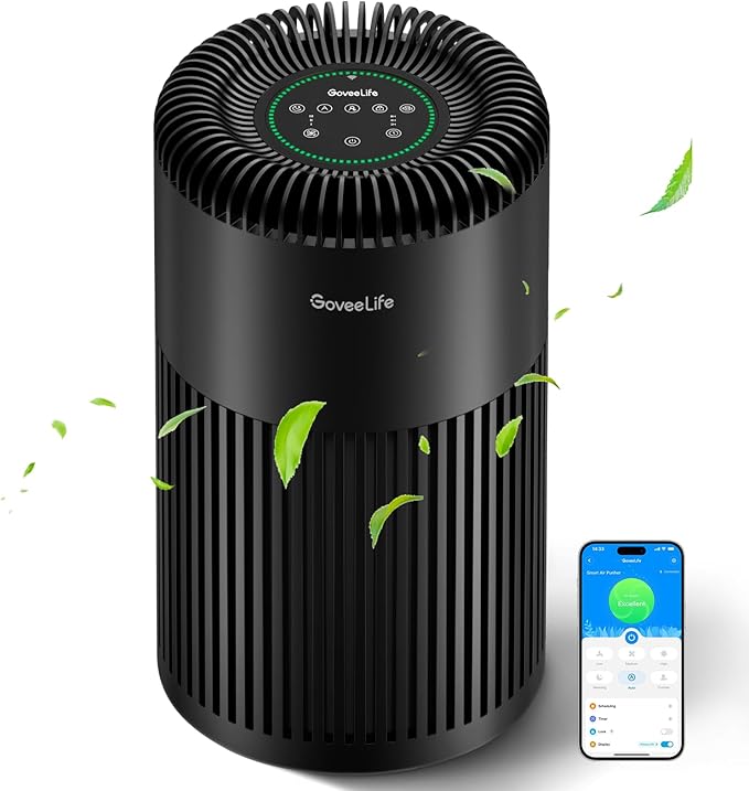 GoveeLife Smart Air Purifier for Home Large Room Up to 1524 sq.ft, with Washable Filter, Integrated PM 2.5 Air Quality Sensor, Smart WiFi, H13 True HEPA Air Purifier for Wildfire, Odors, 24dB, Black