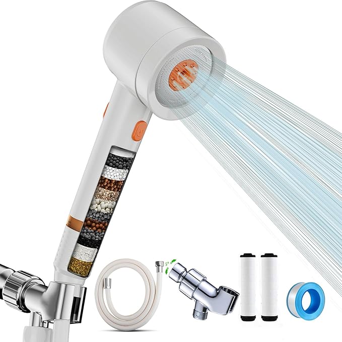 High Pressure Shower Head with Handheld,Shower Head with Filter with Pause Switch Water Saving Filter Showerhead, Showerhead Set with Hose, Bracket and Cotton Filter, Make Bathing Healthier (white)