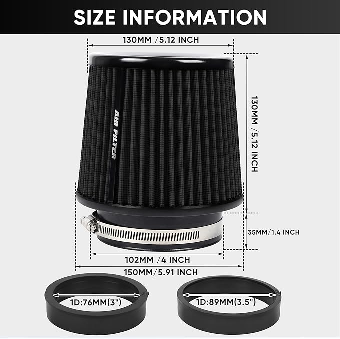 4 Inches Cold Air Intake Filter 3" or 3.5" or 4" High Performance Washable Clamp-On Replacement Cone Air Filter 3 in 1 Size Black