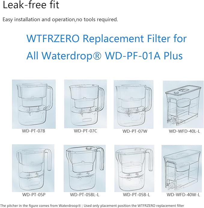 4 Pack WD-PF-01A Plus Replacement Filter for All Water-Drop Pitcher Filtration System, Compatible with Water-Drop WD-PF-01A Plus, Reduces PFOA/PFOS, Chlorine, Last Up to 3 Months or 200 Gallons, White