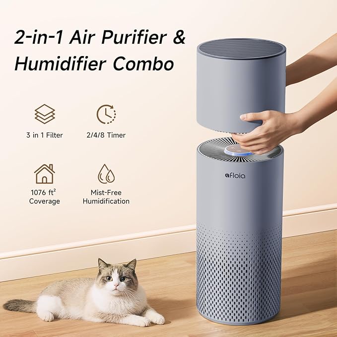 Afloia Humidifier and Air Purifier in One, Air Purifier and Evaporative Humidifier Combo for Home, 24dB Quiet Air Cleaner Remove Pets Dust Dander Hair Allergy Pollen Smoke Smell for Room, Dark Blue