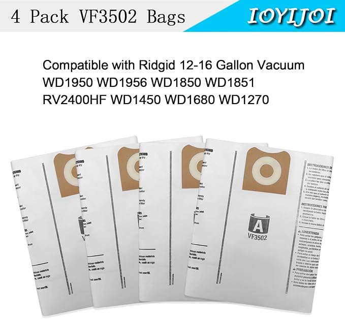 Vf4000 Filter Compatible with RIDGID Vacs 5 Gallons and Larger Vacuum Cleaner (2 Pack VF4000 Filters + 4 Pack VF3502 Bags)