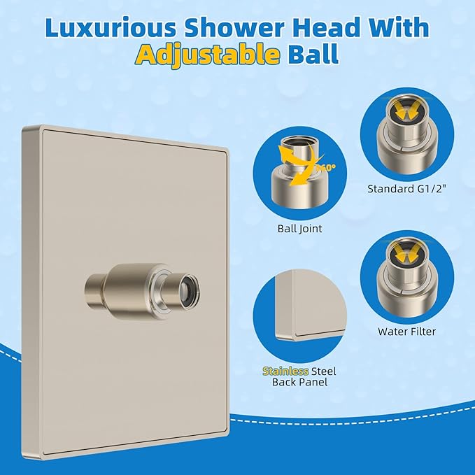 Hibbent Thickness Metal Rain Shower Head, 8 Inch High Pressure Rainfall Shower Head, Bathroom Waterfall Shower Heads, High Flow Fixed Showerheads with Adjustable Brass Ball Joint, Brushed Nickel