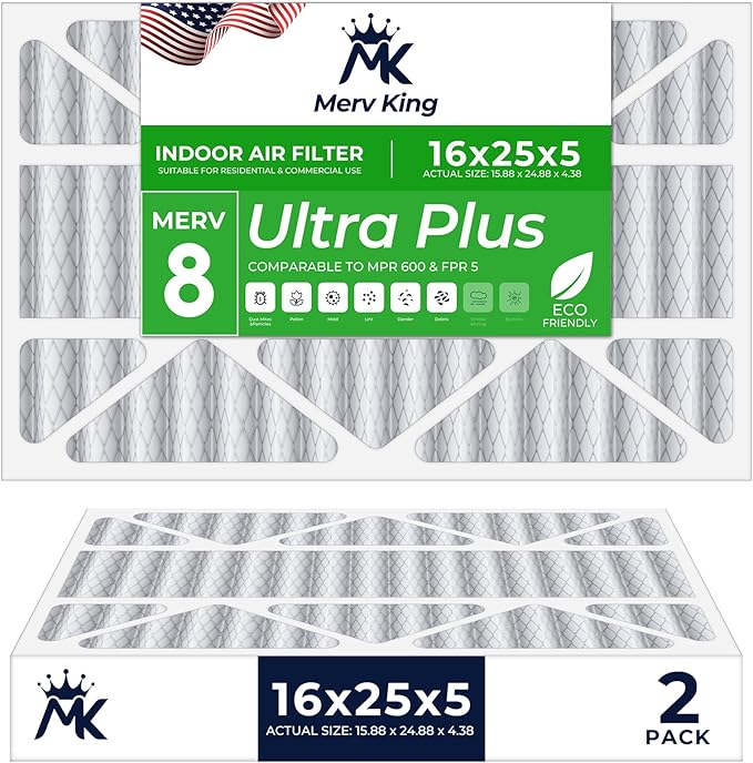 MervKing 16x25x5 Air Filter | MERV 8 | MPR 600-700 Ultra Plus | 2-Pack | Pleated HVAC AC Furnace Replacement Air Filters | Actual Size: 15.88" x 24.88" x 4.38"