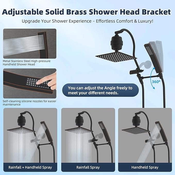 Hibbent Metal 10'' Filtered Rainfall Shower Head Combo, High Pressure Handheld Shower Wand, 12'' Adjustable Extension Arm, 20 Stage Shower Filter, 71'' Hose, Shower Head Holders, Oil Rubbed Bronze
