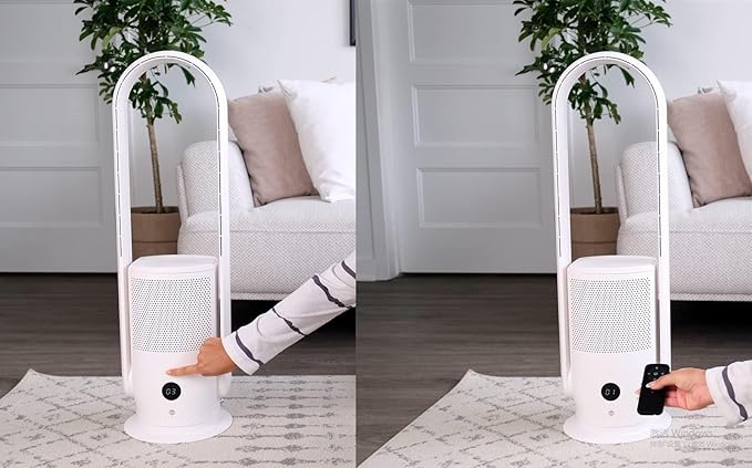 U ULTTY Bladeless Tower Fan and Air Purifier in one, True HEPA Filter 99.97% Smoke Dust Pollen Dander, Oscillating Tower Fan with Remote Control CR022D, White