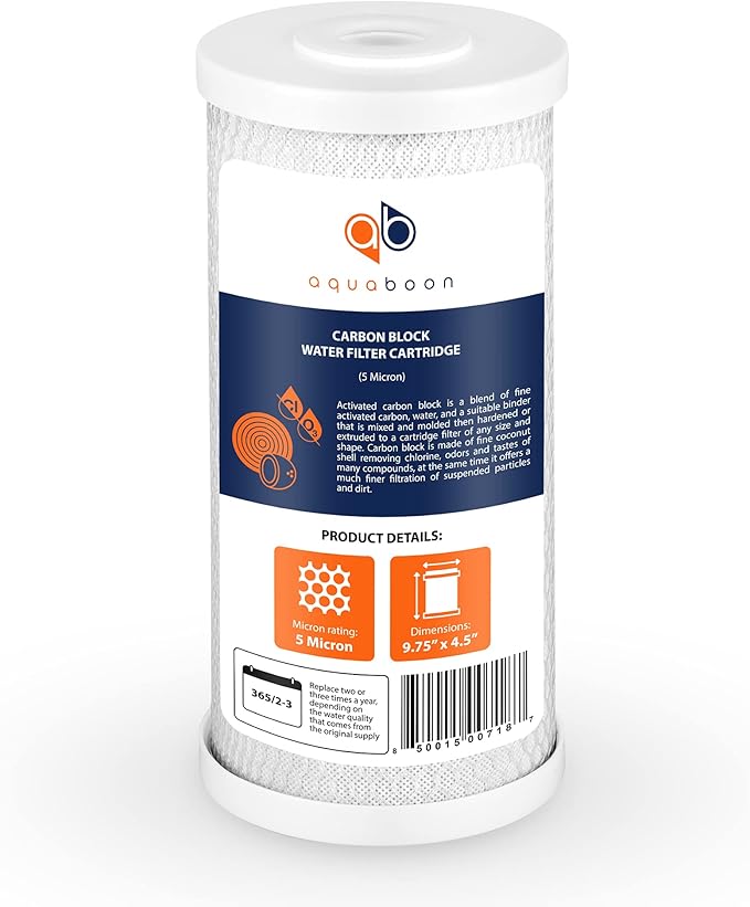 Aquaboon 5 Micron 10x4.5 Carbon Block Water Filters Whole House CTO Water Filter Replacement Cartridge Compatible with FXHTC, CB-BB-10, EP-BB, 2-Pack