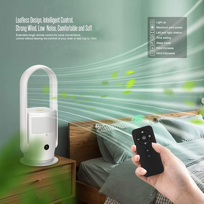 ULTTY Bladeless Tower Fan with Air Purifier, 90° Oscillating Bladeless Fan with Remote, Touch, 8H Timer, Floor Fans for Bedroom Whole Room Home Office R021, White