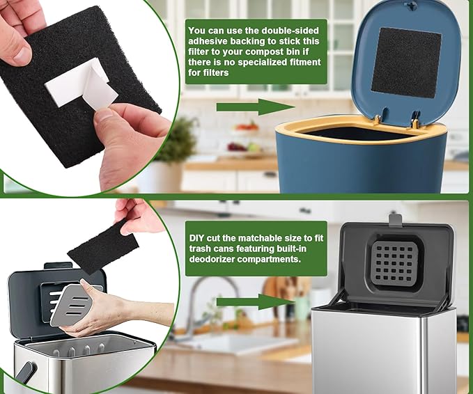 15 Pack Trash Can Odor Filter Refills for Trash Can and Compost Bin, Activated Charcoal Deodorizer Sheets for Indoor Kitchen Compost Bucket Countertop and Recycle Bin, Square 3.9 Inch