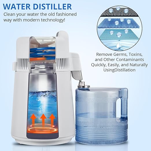 6L Water Distiller,Household Stainless Steel Distilled Water Purifier,Countertop Distilled Water Maker,6Litre Distilled Water Machine for Home.White Plastic Jug.