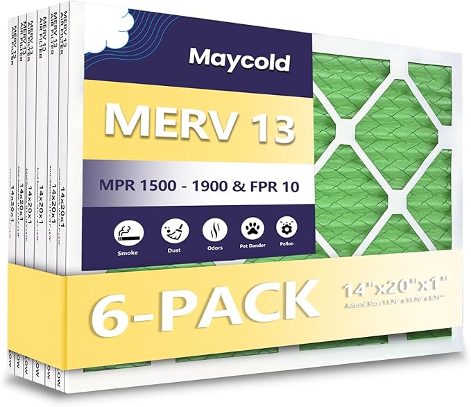 Maycold 14x20x1 MERV 13 Furnace Air Filter (6-Pack), High-Performance HVAC AC Filters for Home Use, Actual Size: 13.70” x 19.70” x 0.75”, Individually Wrapped in Plastic