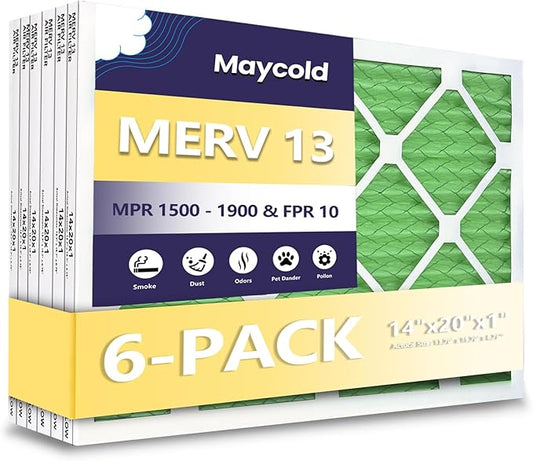 Maycold 14x20x1 MERV 13 Furnace Air Filter (6-Pack), High-Performance HVAC AC Filters for Home Use, Actual Size: 13.70” x 19.70” x 0.75”, Individually Wrapped in Plastic