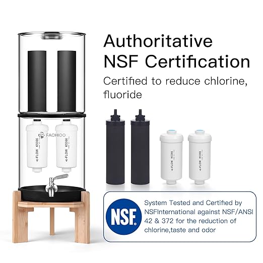 Glass Gravity-Fed Water Filter System, Countertop System with 2 Black NSF/ANSI 42 Certification Elements, 2 Fluoride, Metal Spigot and Stand, Reduces Fluoride and Chlorine, 2.25G