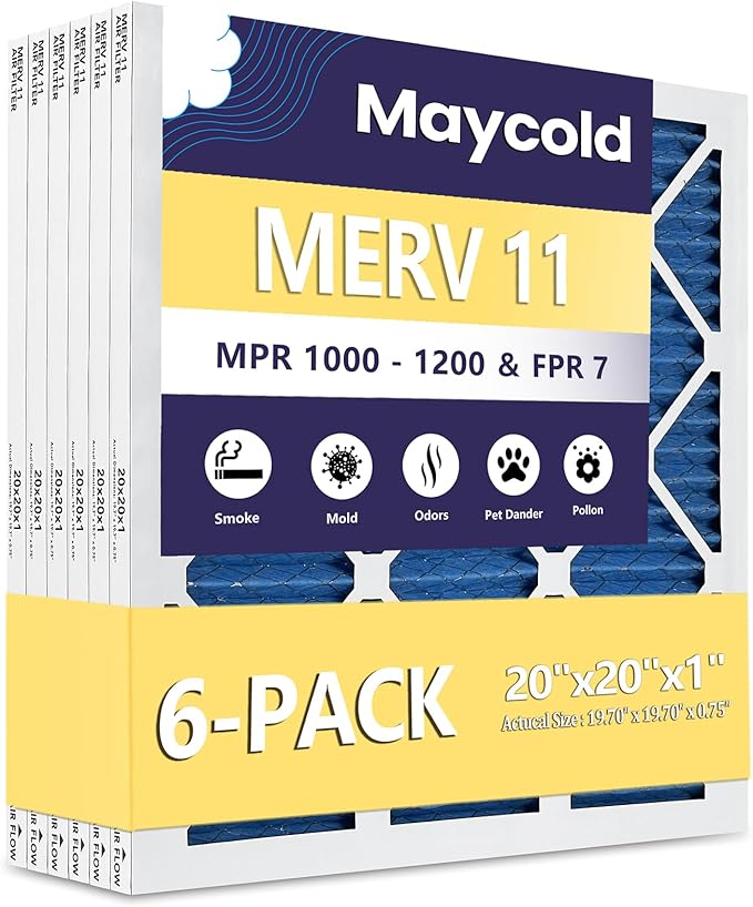 Maycold 20x20x1 MERV 11 Furnace Air Filters (6-Pack), High-Efficiency Pleated AC HVAC Filter for Home Use – Captures Fine Dust & Pet Hair, Actual Size 19.70 x 19.70 x 0.75, Individually Wrapped