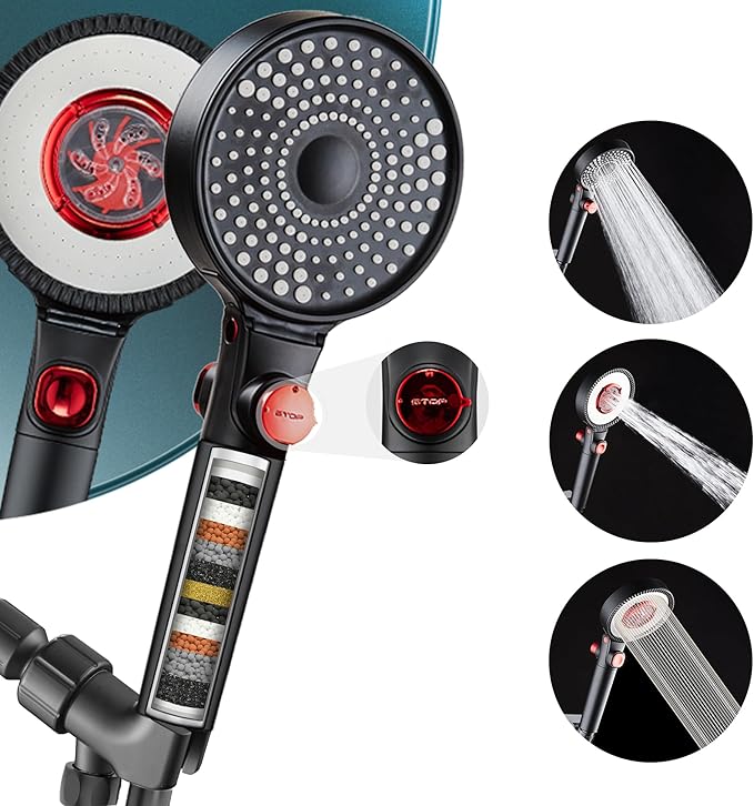 Filtered Shower Head with Handheld Spray for Skin and Hair Care, High Pressure 3 Modes Turbo Showerhead for Hard Water, 59" On Leaks Shower Hose, ON/OFF Button, Adjustable Flow, Matte Black