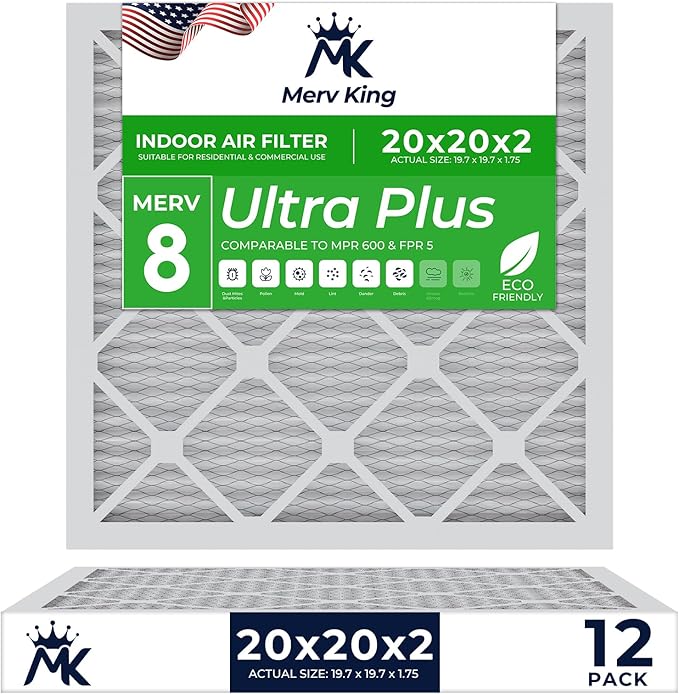 MervKing 20x20x2 Air Filter | MERV 8 | MPR 600-700 Ultra Plus | 12-Pack | Pleated HVAC AC Furnace Replacement Air Filters | Actual Size: 19.7" x 19.7" x 1.75"