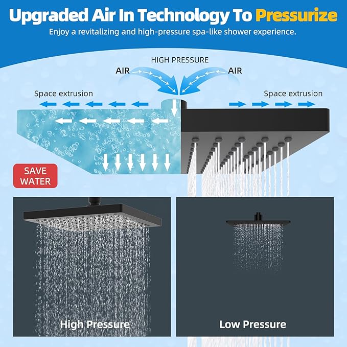 Hibbent Thickness Metal Rain Shower Head, 8 Inch High Pressure Rainfall Shower Head, Square Bathroom Waterfall Shower Heads, High Flow Fixed Showerheads with Adjustable Brass Ball Joint, Matte Black