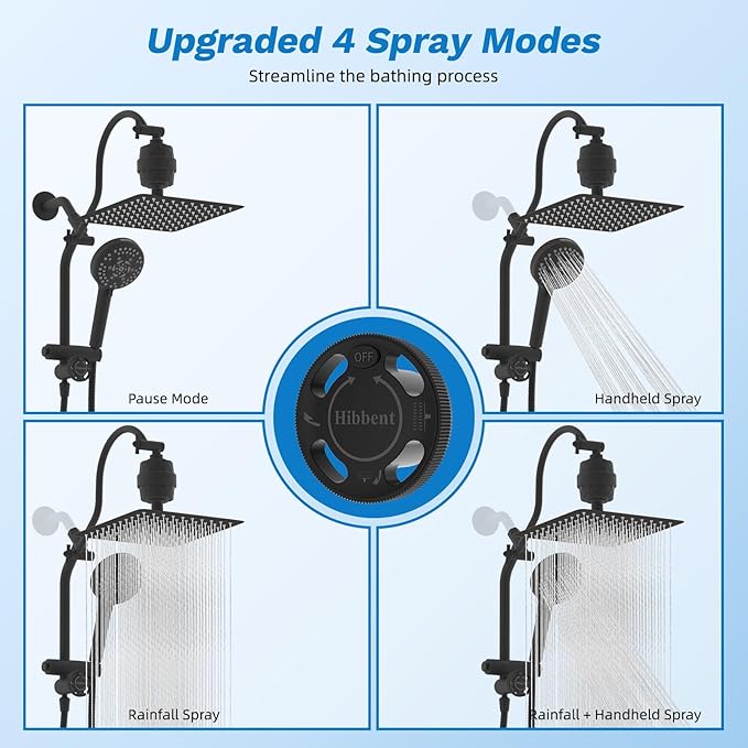 Hibbent Dual Filter All Metal 10"Rainfall Showerhead Combo, High Pressure Shower Head with 10-Spray Mode Handheld, 4-way Diverter with Pause Mode, 71'' Shower Hose & Holder, Oil Rubbed Bronze