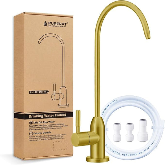 Drinking Water Faucet - Long Thread Stem Filtered Water Tap for Thick Countertop,Lead-Free RO Faucet with Hose and Quick Connect Fittings(Matte Gold)