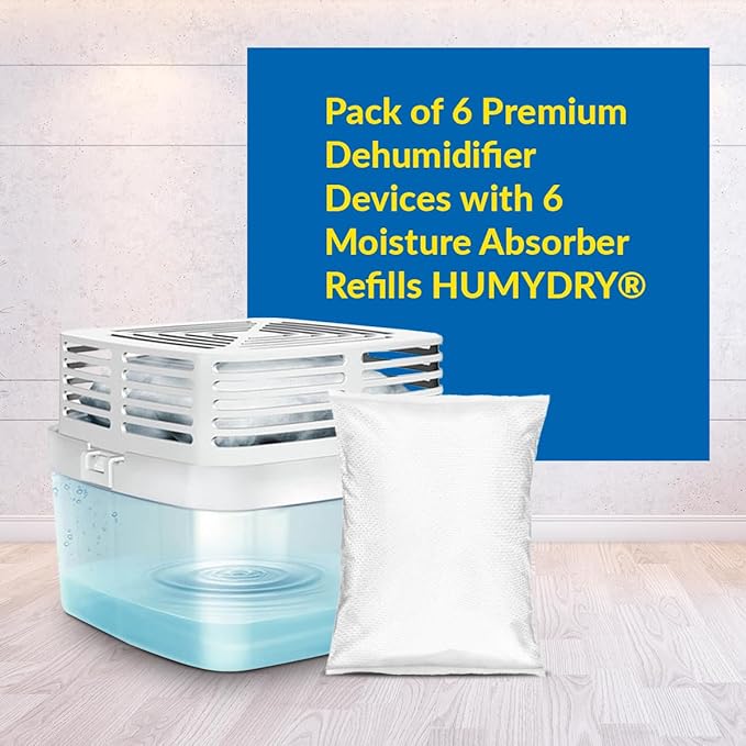HUMYDRY® - Pack of 6 Premium Dehumidifier Devices with 6 Moisture Absorber Refills - 15.9 oz - Fragrance Free - Ideal for Spaces Up to 200 sq.FT