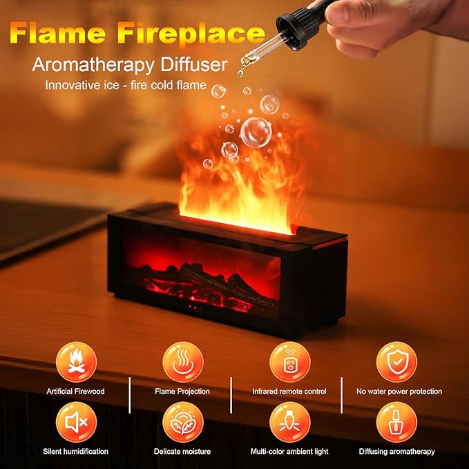 Mini Fireplace Diffusers for Essential Oils Fireplace Humidifier with Remote 150ml Fireside Ultrasonic Humidifier Bonfire Flame Diffuser with 7 Colors Light for Home Room Office (White)