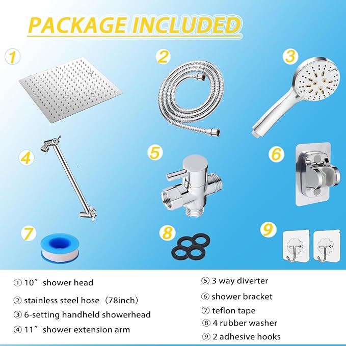 Shower Head, 10" High Pressure Rain shower head with Handheld Spray Combo, 6 Settings Handheld with 78" Anti-leak Hose, 11" Adjustable Extension Arm, Ultra Thin Water Saving, Chrome, AWAXFOLO