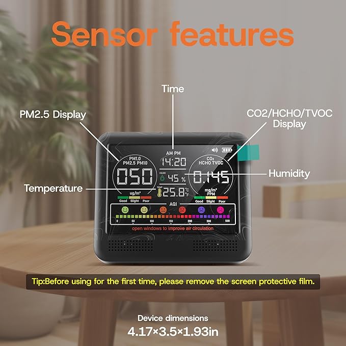16-in-1 Indoor Air Quality Monitor with PM1.0,PM2.5,PM10,CO2,HCHO,TVOC,Temperature,Humidity,Time Display &7 AQI Alarms – Professional Air Quality Tester for Home, Office & Indoor Use (Jet Black)