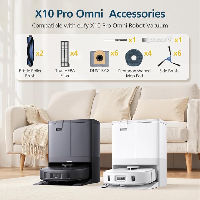 24 Pcs X10 Pro Omni Accessories for eufy X10 Pro Omni Robot Vacuum Accessories Kit, 2 Main Brush+ 4 Hepa Filters+ 4 Mop Pads+ 6 Vacuum Bags+ 6 Side Brushs+ 1 Cleaning Brush+ 1 Screwdriver