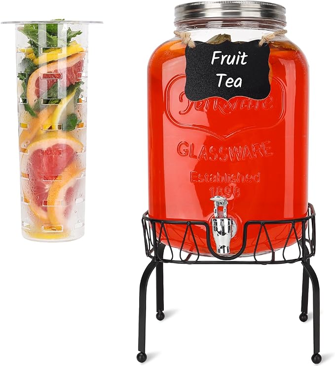 2 Gallon Glass Drink Dispensers, 1 Pack Clear Beverage Dispenser with Stand and Spigot for Parties, Drink Dispenser with Ice Core and Sticker for BBQ, Picnic, Lemonade Dispenser