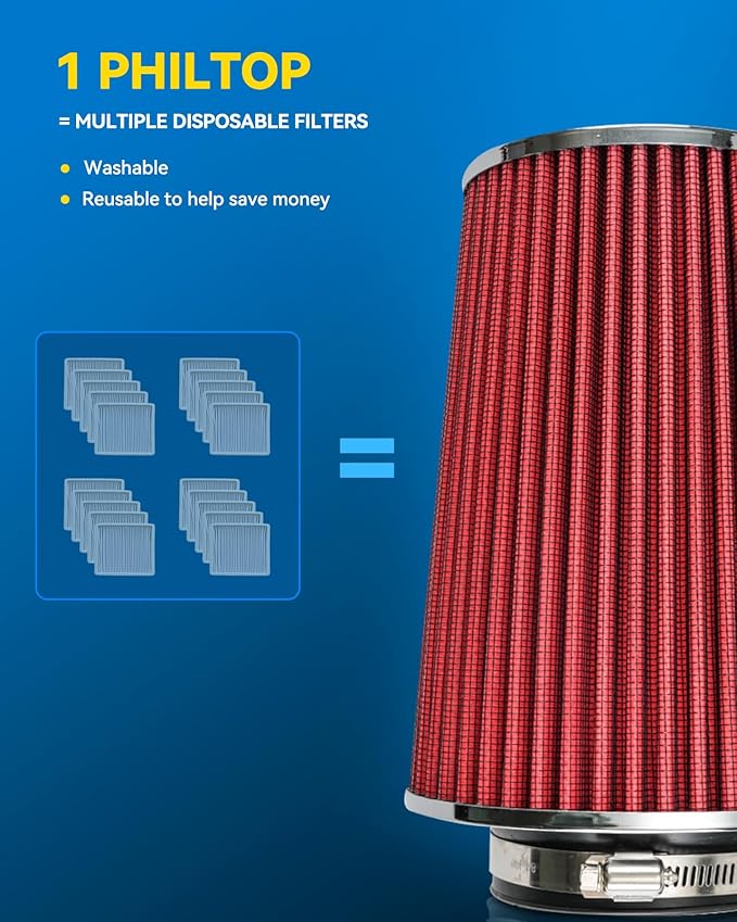 PHILTOP Universal Clamp-On Air Intake Filter, High Performance, Premium, Washable, Replacement Air Filter: High Flow Air Filter 3.5" 89 mm Inlet Truck(8" Tall)