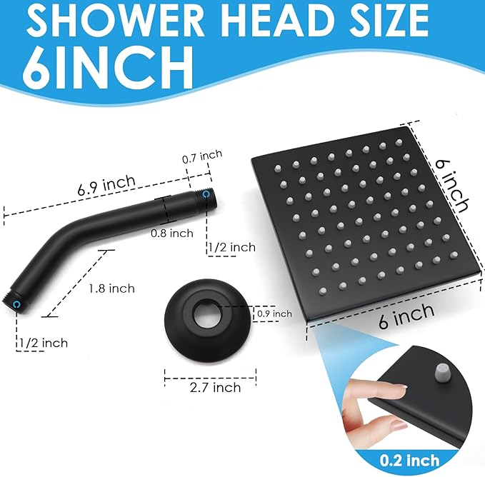 6 Inch Square Shower Head Black Stainless Steel High Pressure Rain Shower Heads with Extension Arm Adjustable Angle Replacement Shower Head for Modern Bathroom (Square, Black)