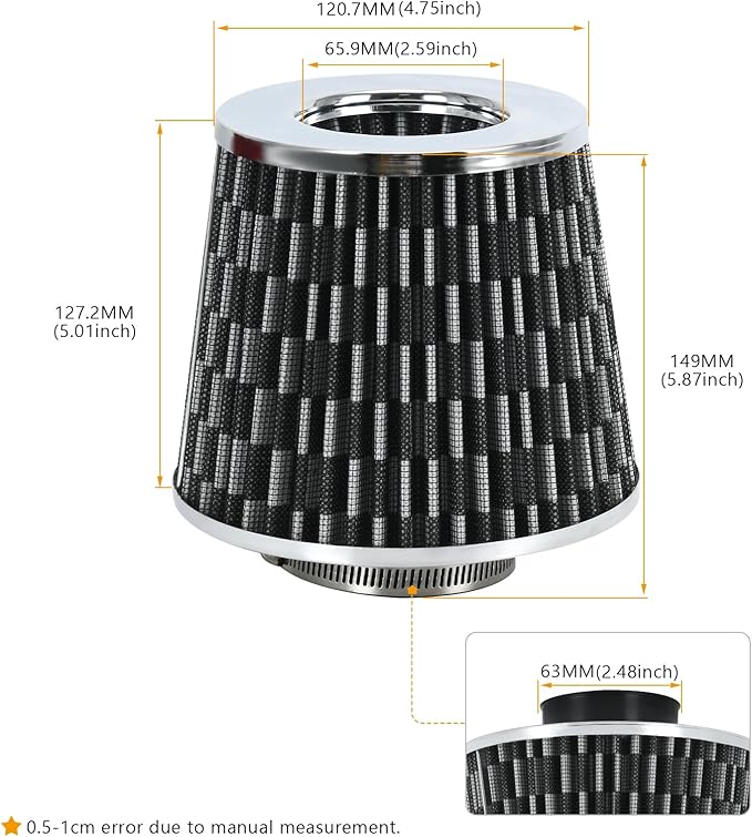 PTNHZ Universal Carbon Fiber 2.5" 63mm High Flow Cold Air Intake Cone Air Filter Power Intake Air Inlet System Air Cleaner