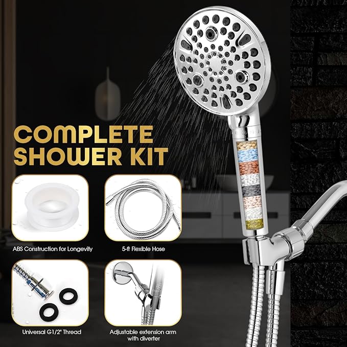AQUAZEN® Filtered Shower Head | 10 Spray Modes | 8-Layer System Removes Chlorine, Calcium & Heavy Metals | High Pressure Handheld | Stainless Hose | Chrome Finish
