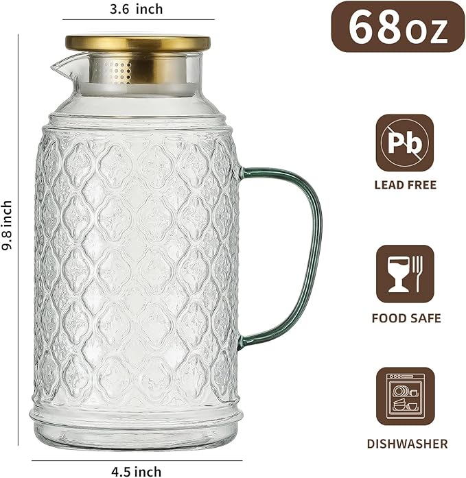 Glass Pitcher with Lid, 68 oz/2 Liter Vintage Water Pitcher, Clear Borosilicate Glass Water Carafe for Cold Brew, Coffee, Lemonade, Iced Tea, Juice, Beverage, Heat Resistant Water Glass Jug