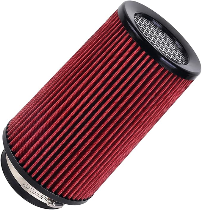 4-Inch Cold Air Intake Filter - Washable, High Performance, 3" or 3-1/2" or 4" Clamp-On Filter Height: 9 In Replacement Cone Air Filter Universal 3 Sizes in 1 (Red)