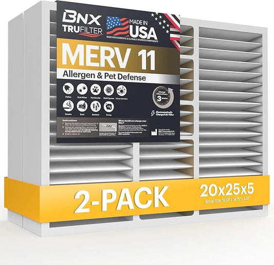 BNX TruFilter 20x25x5 (19.88’’ x 24.75’’ x 4.38‘ Honeywell Compatible 4”) MERV 11 Air Filter (2-Pack) - MADE IN USA - HVAC AC Furnace Filters for Allergies, Dust, Pet, Smoke, Allergy MPR 1200 FPR 7