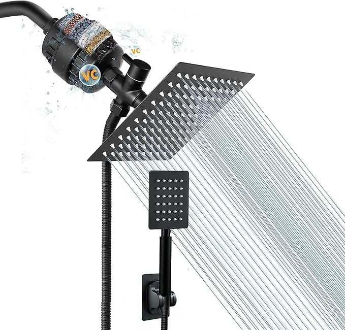 Filtered Rain Shower Head, High Pressure 8″Square, and All Metal Handheld Spray Combo with Stainless Steel Hose, Replacement 20 Stage Shower Filter for Hard Water, Matte Black