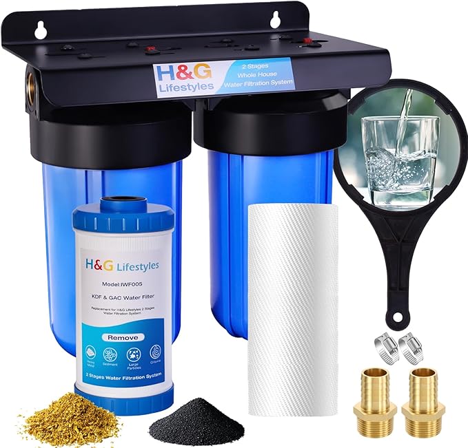 H&G Lifestyles Whole House Water Filter System,2 Stage Home Water Filtration with Carbon Sediment Filters, Remove Chlorine Odor Heavy Metal Lead Sediment for Drinking Water,4.5" x10“ Cartridge