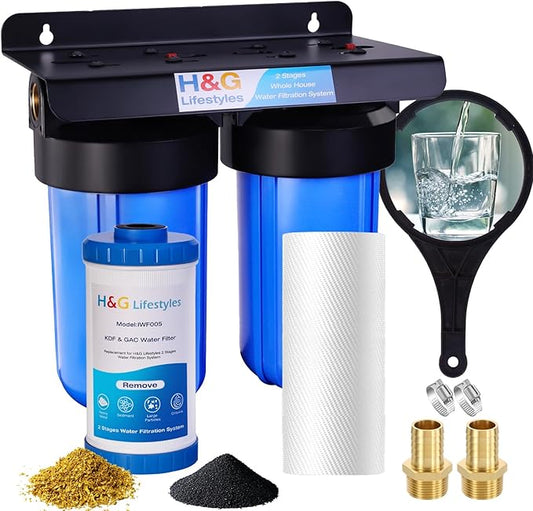 H&G Lifestyles Whole House Water Filter System,2 Stage Home Water Filtration with Carbon Sediment Filters, Remove Chlorine Odor Heavy Metal Lead Sediment for Drinking Water,4.5" x10“ Cartridge
