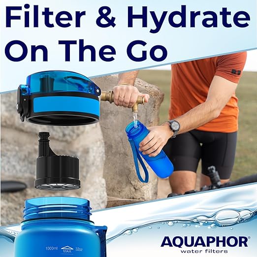 Nakii Filtered Water Bottle, Leakproof, BPA-Free, Motivational Markings, Travel, Everyday Use. 40-Gallon Filter, Replaces 300 Plastic Water Bottles. Includes 1 Filter, 34 FL Oz, Blue by Aquaphor
