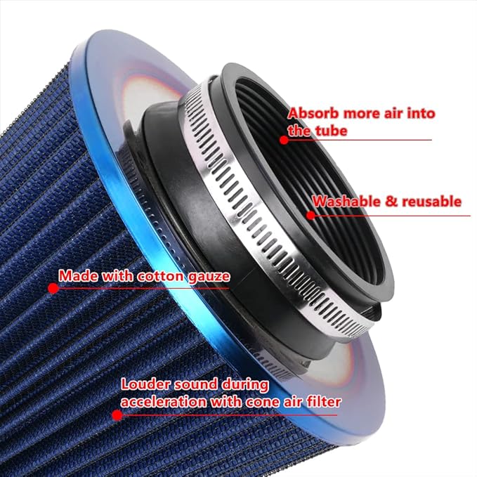 Cold Air Intake Filter, High Performance, Washable Filter, Clamp-On Replacement Air Filter, Flange Diameter 3inch/76mm Blue