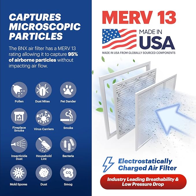 BNX TruFilter 14x25x1 Air Filter MERV 13 (6-Pack) - MADE IN USA - Electrostatic Pleated Air Conditioner HVAC AC Furnace Filters for Allergies, Pollen, Mold, Bacteria, Smoke, Allergen, MPR 1900 FPR 10