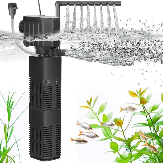 AQQA Aquarium Filter, 3-Stage Filtration, Adjustable Wave Maker & Oxygenator, Quiet 18W 164GPH Submersible Pump, Easy Clean Sponge Filter, for 50 Gallon Freshwater Saltwater Fish Tank 110V/60Hz