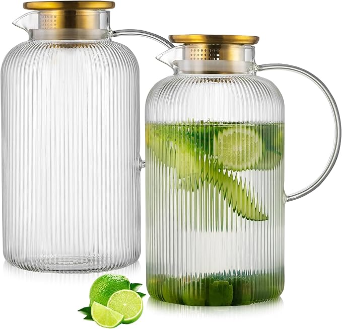 Glass Pitcher with Lid, 100 oz/ 3 Liter Classic Vertical Stripes Water Pitcher,Glass Water Carafe for Cold Brew, Coffee, Lemonade, Iced Sun Tea,Beverage, Milk, Heat Resistant